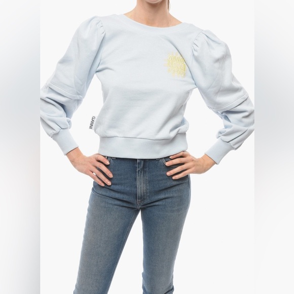 GANNI Light Blue Yellow Flower Long Puff Sleeves Backless Tie Sweatshirt Size M - Picture 10 of 11